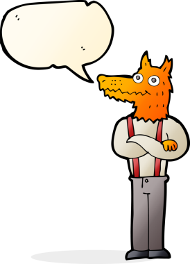 Bir insan tarafından çizilmiş konuşma balonlu komik tilki.