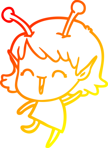 Bir insan tarafından çizilen gülen uzaylı bir kızın sıcak çizgi çizimi.