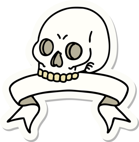 Bir insan tarafından çizilmiş kafatasının pankartıyla dövme stili etiketi