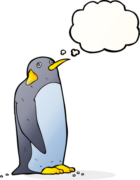 Bir insan tarafından çizilmiş düşünce baloncuklu penguen.