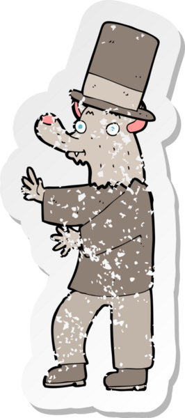 Bir insan tarafından çizilmiş silindir şapkalı bir kurt adamın gerilmiş çıkartması.