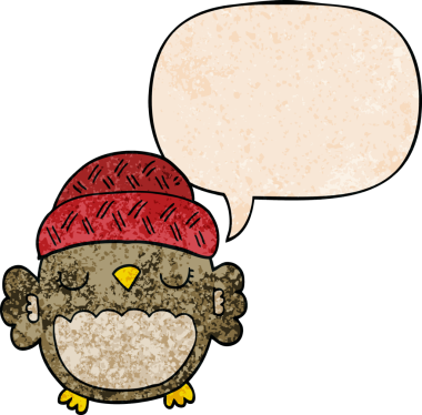 Bir insan tarafından çizilmiş eski moda konuşma baloncuğu olan şapkalı sevimli çizgi film baykuşu.