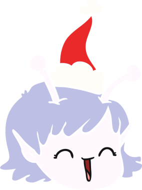 Bir insan tarafından çizilmiş Noel Baba şapkası giyen uzaylı bir uzay kızının el resmi.