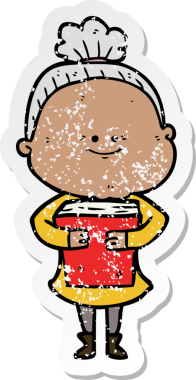 Bir insan tarafından çizilmiş mutlu, yaşlı bir kadının sıkıntılı çıkartması.