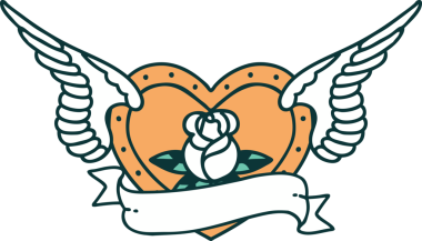 Bir insan tarafından çizilmiş çiçek ve bayrak ile uçan bir kalbin ikonik dövme görüntüsü