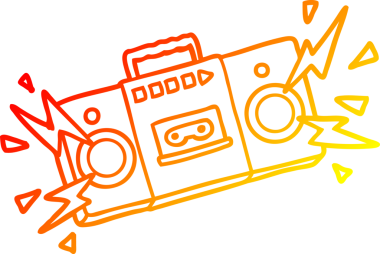 Bir insan tarafından çizilmiş eski bir rock müziğini çalan eski bir çizgi film kaset çaların sıcak gradyan çizimi