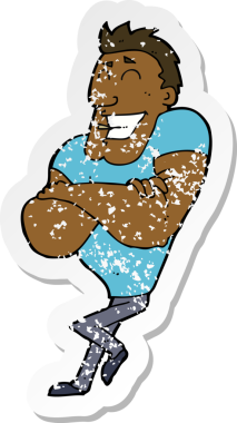 Bir insan tarafından çizilmiş kaslı bir adamın gerilimli çıkartması.