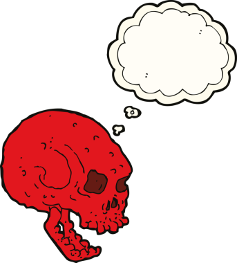Bir insan tarafından çizilmiş düşünce baloncuklu garip kafatası.