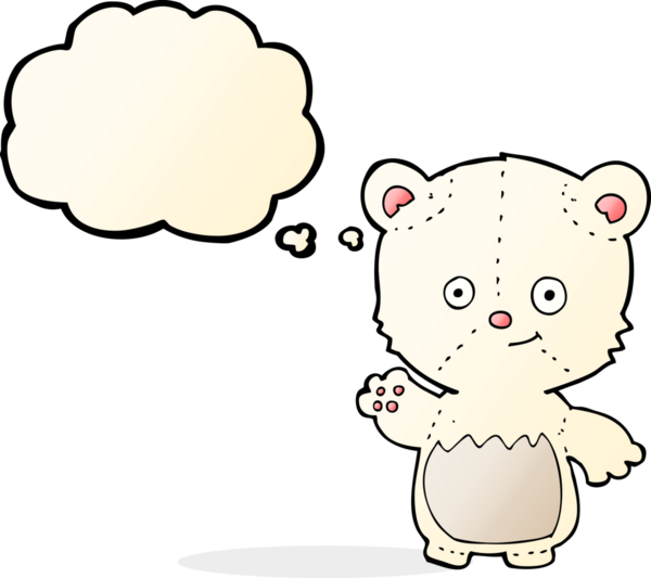 Karikatür kutup ayısı bir insan tarafından çizilmiş düşünce baloncuğuyla el sallıyor.