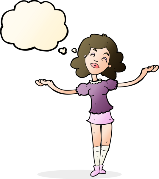 Bir insan tarafından çizilen düşünce baloncuğuyla övgü alan çizgi film kadını.