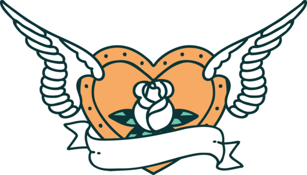 Bir insan tarafından çizilmiş çiçek ve bayrak ile uçan bir kalbin ikonik dövme görüntüsü