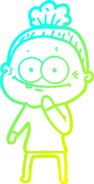 Bir insan tarafından çizilmiş, mutlu, yaşlı bir kadının çizimi.