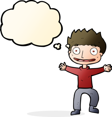 Bir insan tarafından çizilmiş düşünce balonlu sırıtan çocuk.