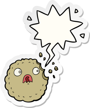 Bir insan tarafından çizilmiş konuşma balonu çıkartmalı ürkek kurabiye çizgi filmi.