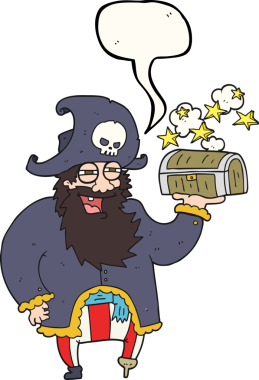Bir insan tarafından çizilmiş hazine sandığı olan serbest konuşma balonu karikatürü korsan kaptanı