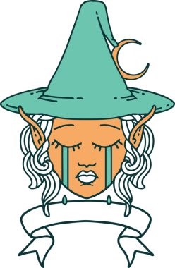 Retro Dövme Tarzı Ağlayan Elf Büyücüsü Karakteri Bir insan tarafından çizilmiş pankartıyla