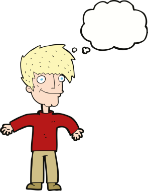 Bir insan tarafından çizilmiş düşünce balonlu mutlu adam çizgi filmi.