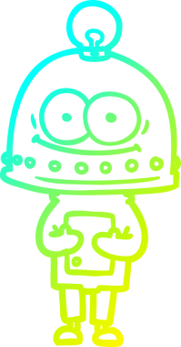 Bir insan tarafından çizilmiş ampullü mutlu bir robot çizimi.