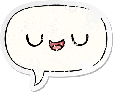 Konuşma baloncuğu olan sevimli çizgi film yüzü bir insan tarafından çizilmiş sıkıntılı eski bir çıkartma.