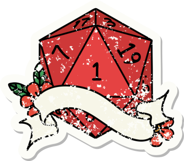 Bir insan tarafından çizilmiş doğal bir d20 zarının grunge çıkartması.