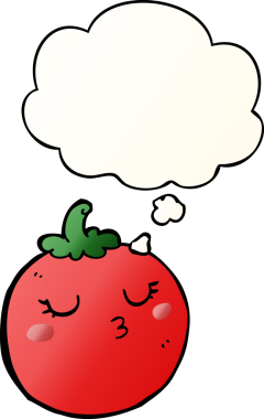 Düşünce baloncuklu çizgi film domatesi, bir insan tarafından çizilmiş düz eğimli bir şekil.
