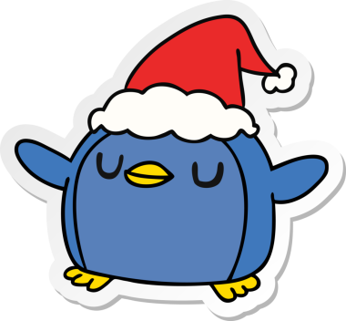 Bir insan tarafından çizilmiş kawaii pengueninin el çizimi Noel çıkartması.