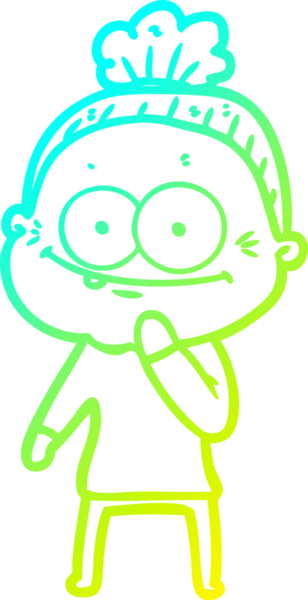 Bir insan tarafından çizilmiş, mutlu, yaşlı bir kadının çizimi.