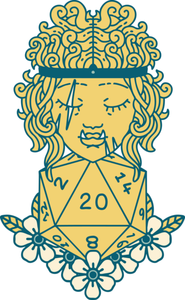 Retro Dövme Tarzı Ork barbarlığı. Bir insan tarafından çizilmiş doğal yirmi zar.