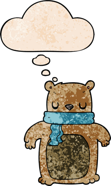 Bir insan tarafından çizilmiş grunge desenli düşünce baloncuklu eşarplı çizgi film ayısı.