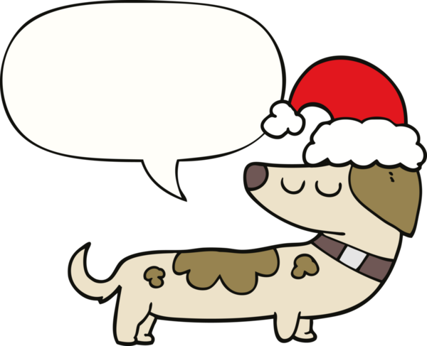 Bir insan tarafından çizilmiş konuşma balonlu Noel şapkası takan çizgi film köpeği.