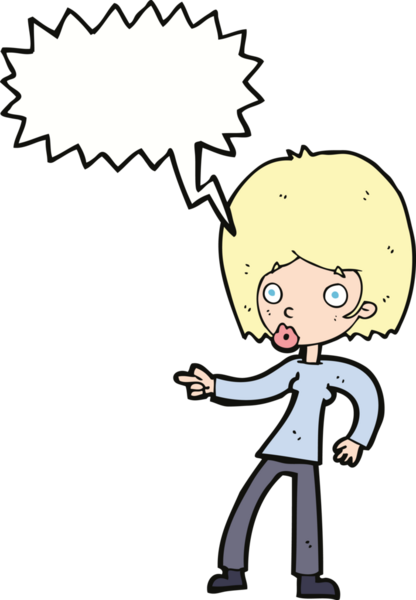 Bir insan tarafından çizilmiş bir konuşma balonuyla işaret eden çizgi film kadını.