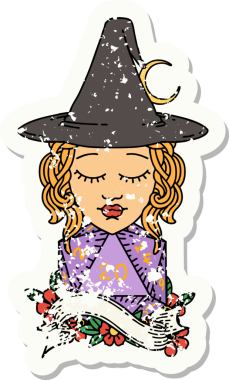 Doğal 20 D20 zar atışıyla bir insan büyücüsünün grunge sticker 'ı.