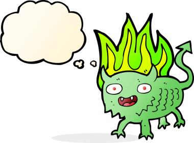 Bir insan tarafından çizilmiş düşünce baloncuğu olan küçük bir iblis.