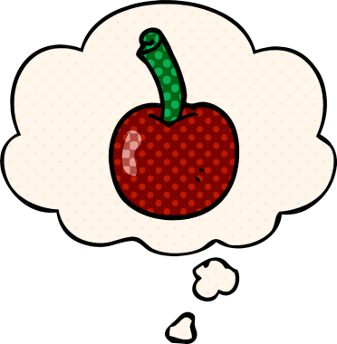 Çizgi roman tarzında bir insan tarafından çizilmiş düşünce baloncuklu kiraz.