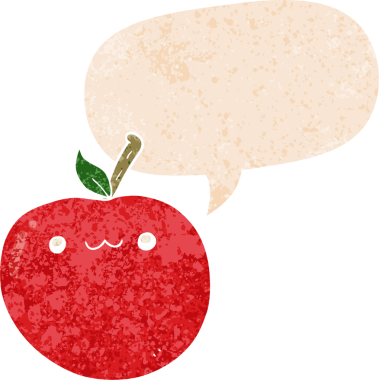 bir insan tarafından çizilmiş grunge sıkıntılı retro biçimli konuşma baloncuklu tatlı elma çizgi film