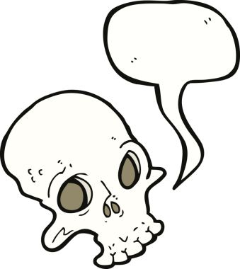 Bir insan tarafından çizilmiş konuşma baloncuğu olan karikatürümsü kafatası.