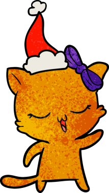 Bir insan tarafından çizilmiş Noel Baba şapkası takan bir kedinin el yapımı çizgi filmi.