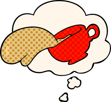 Çizgi roman tarzında bir insan tarafından çizilmiş düşünce balonlu kahve fincanı.