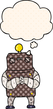 Bir insan tarafından çizilmiş çizgi roman şeklinde düşünce baloncuğu olan çizgi film robotu.