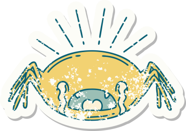 Bir insan tarafından çizilmiş ağlayan örümcek dövmesinin eski bir çıkartması.