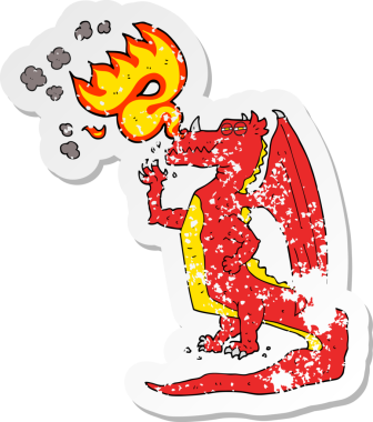 Çizgi filmin kederli retro yapıştırması Mutlu ejderha bir insan tarafından çizilmiş ateş soluyor