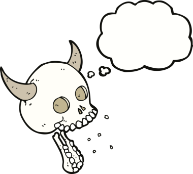 Bir insan tarafından çizilmiş düşünce baloncuklu garip kafatası.