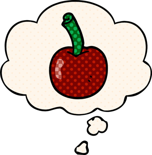 Çizgi roman tarzında bir insan tarafından çizilmiş düşünce baloncuklu kiraz.