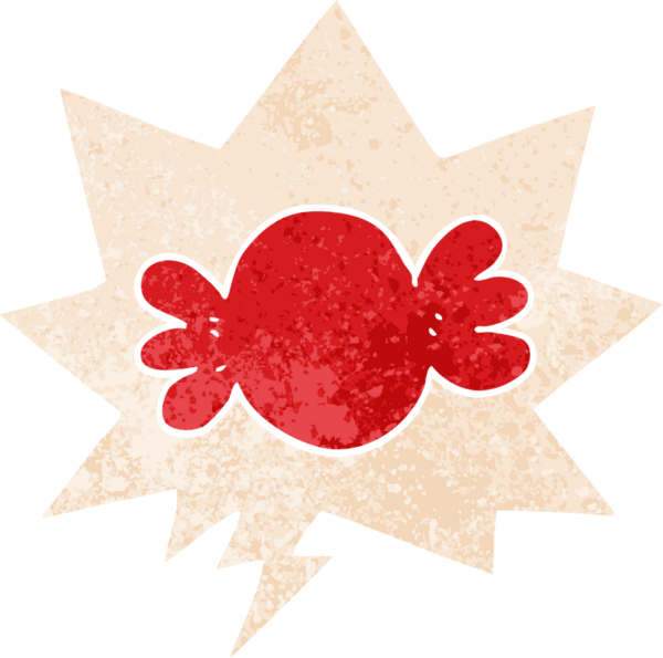 Şekerleme paketlenmiş, konuşma baloncuğu olan bir çizgi film. Bir insan tarafından çizilmiş, sıkıntılı, eski moda bir stil.