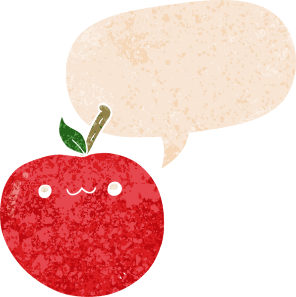 bir insan tarafından çizilmiş grunge sıkıntılı retro biçimli konuşma baloncuklu tatlı elma çizgi film