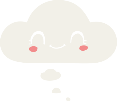 Düşünce baloncuğu olan sevimli çizgi film yüzü bir insan tarafından çizilmiş.