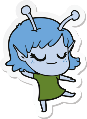 Bir insan tarafından çizilmiş gülümseyen uzaylı bir kızın çıkartması.