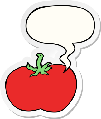 Bir insan tarafından çizilmiş konuşma kabarcığı çıkartmalı domates çizgi filmi.