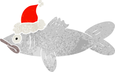 Bir insan tarafından çizilmiş Noel Baba şapkası giyen bir balığın el çizimi karikatürü.