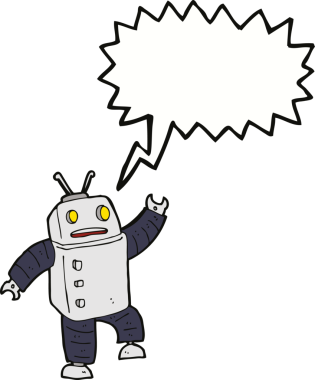Bir insan tarafından çizilmiş konuşma balonu olan çizgi film robotu.